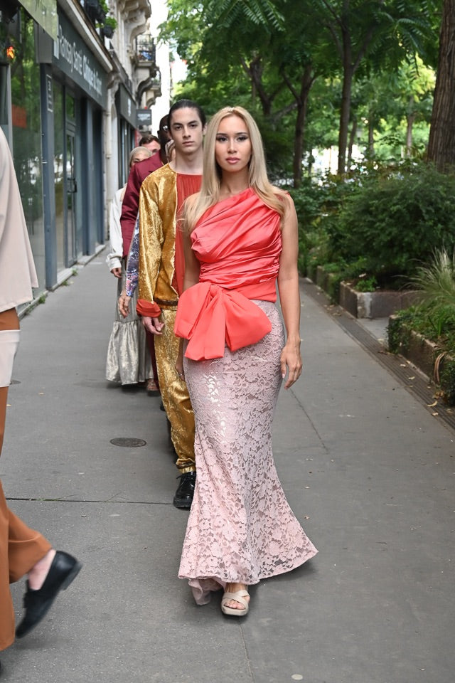 Pink Golden Long mermaid Skirt + Orange Blouse + Scarf