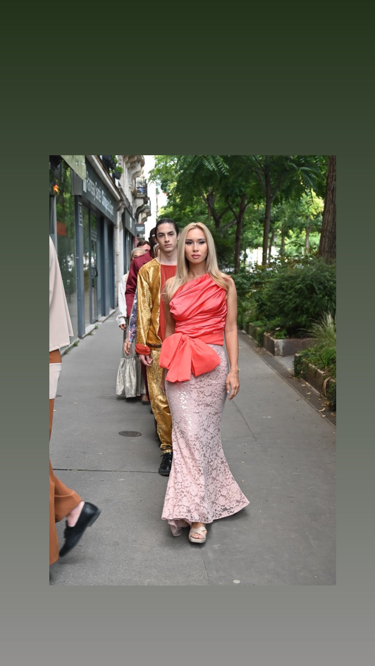 Pink Golden Long mermaid Skirt + Orange Blouse + Scarf